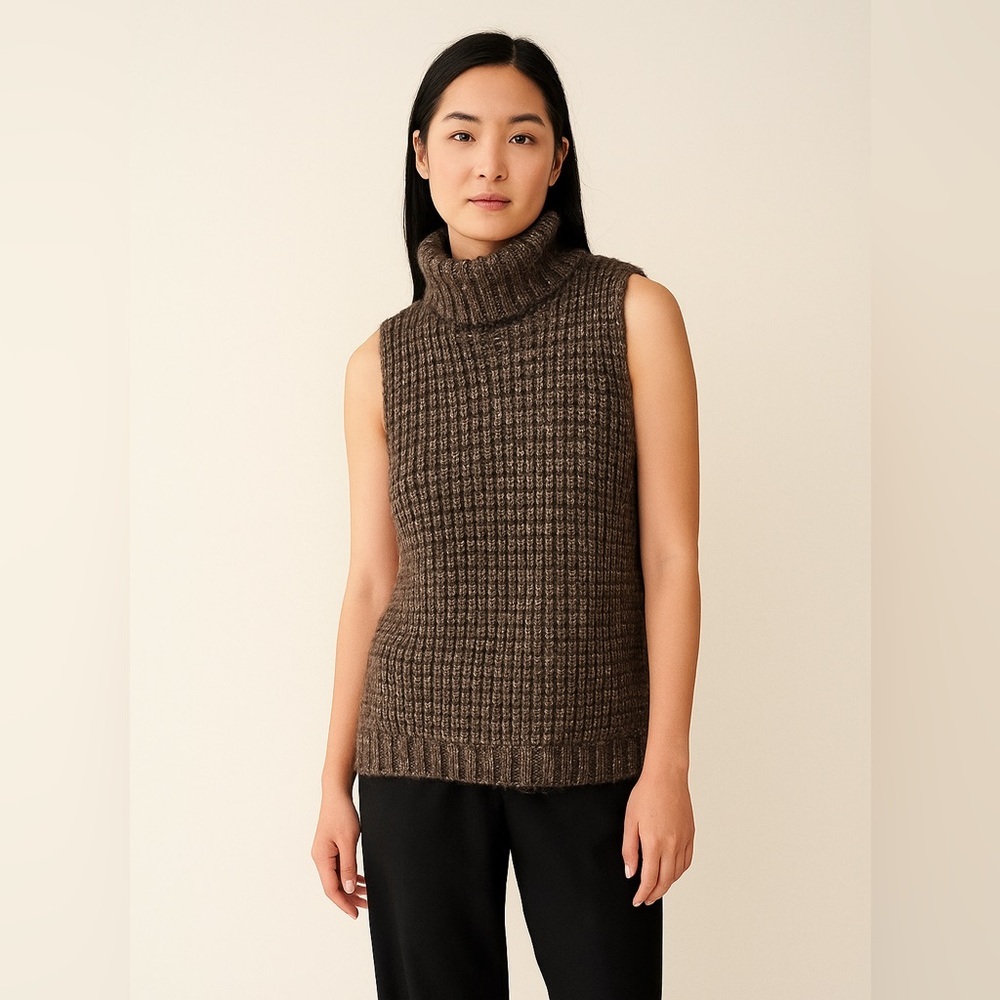 MaxMara Brown Chunky Knit Wool Alpaca Blend Sleeveless Turtleneck Sweater